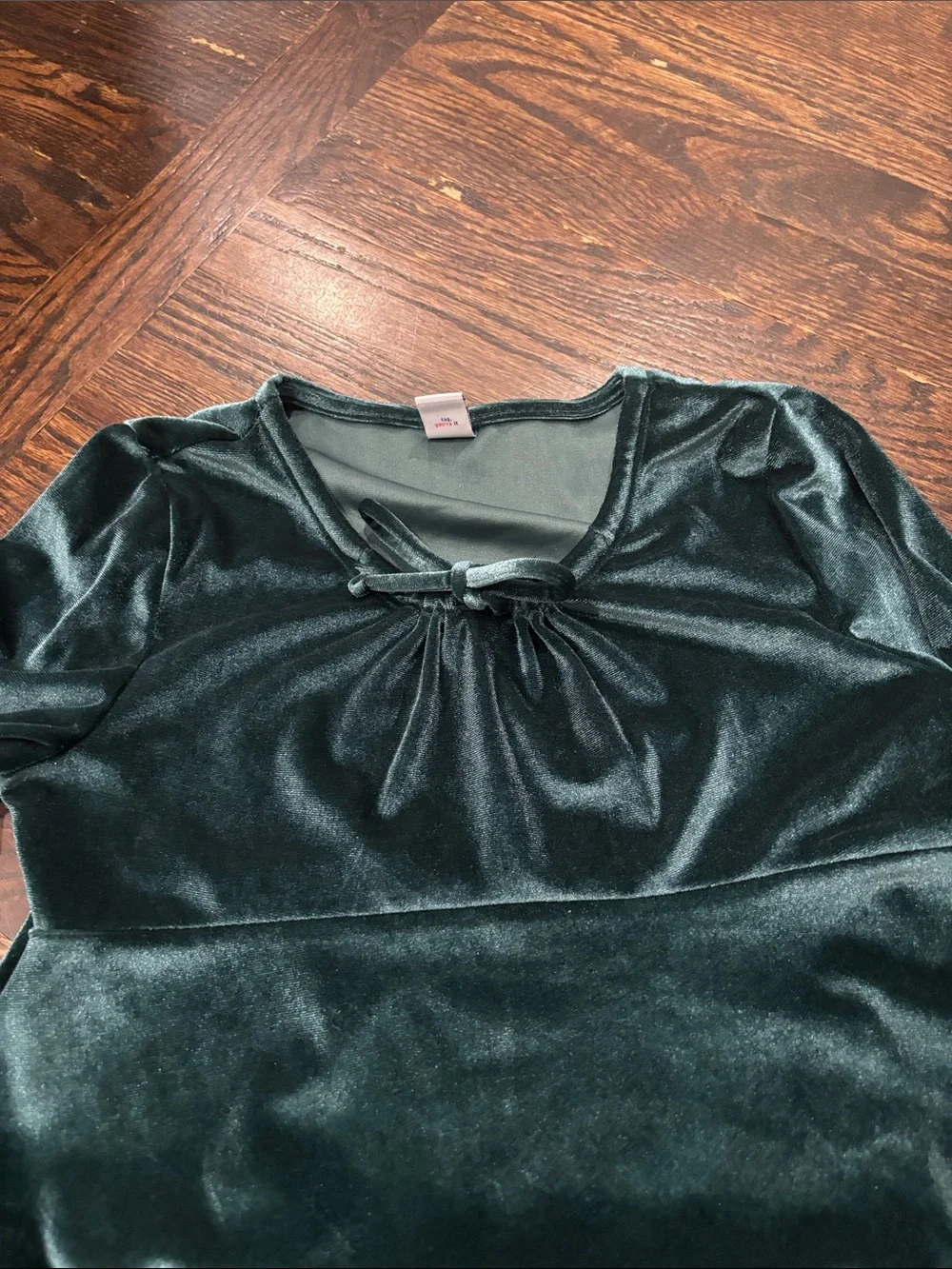 Girls' Dark Green Velvet Long-Sleeve Dress